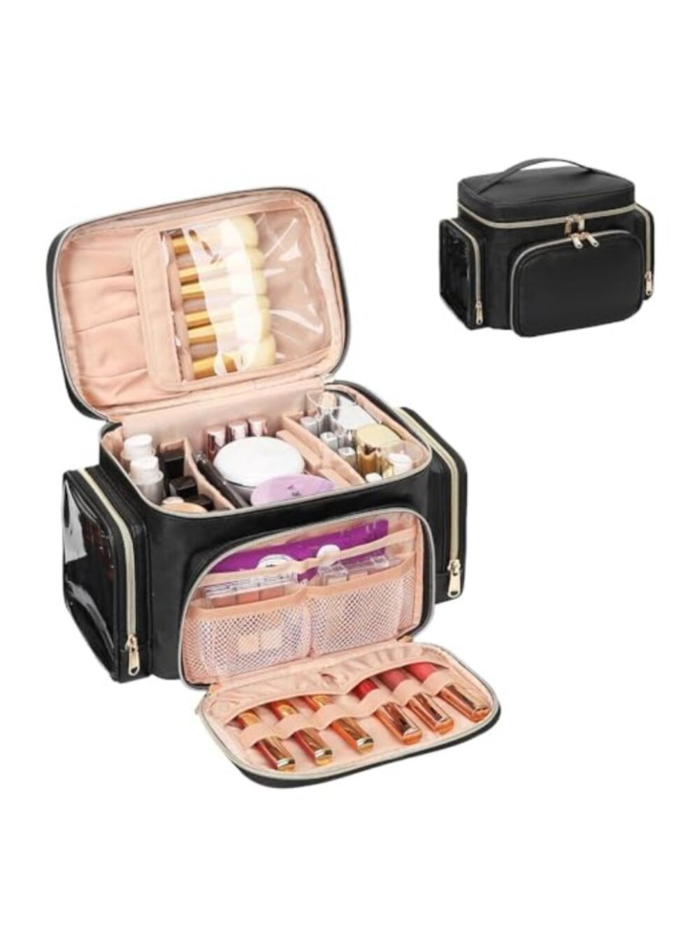 Large Makeup Bag Travel Cosmetic Organizer with Brush Compartment